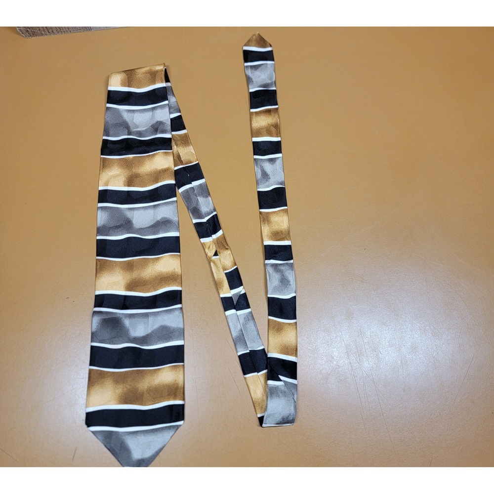 Ottimo Uomo Mens Silk Tie Hand Made Striped Gold Black Gray White